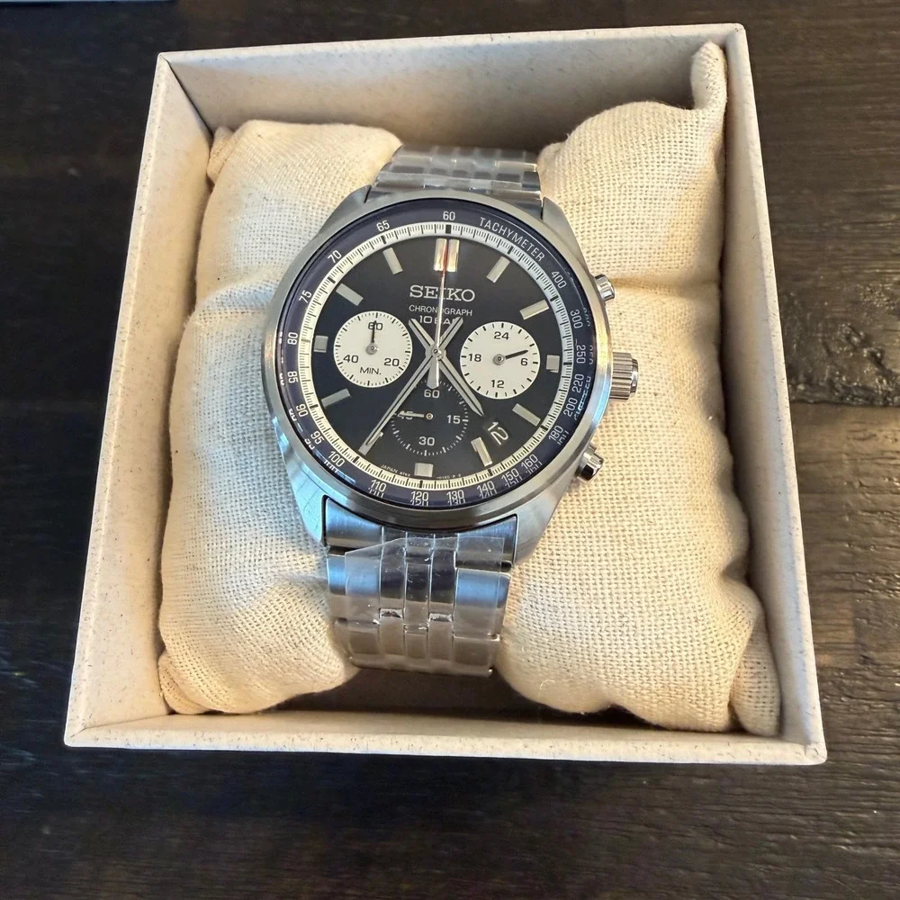 Seiko Essentials Chronograph SSB427 Mens Blue Panda Dial Stainless Steel Watch